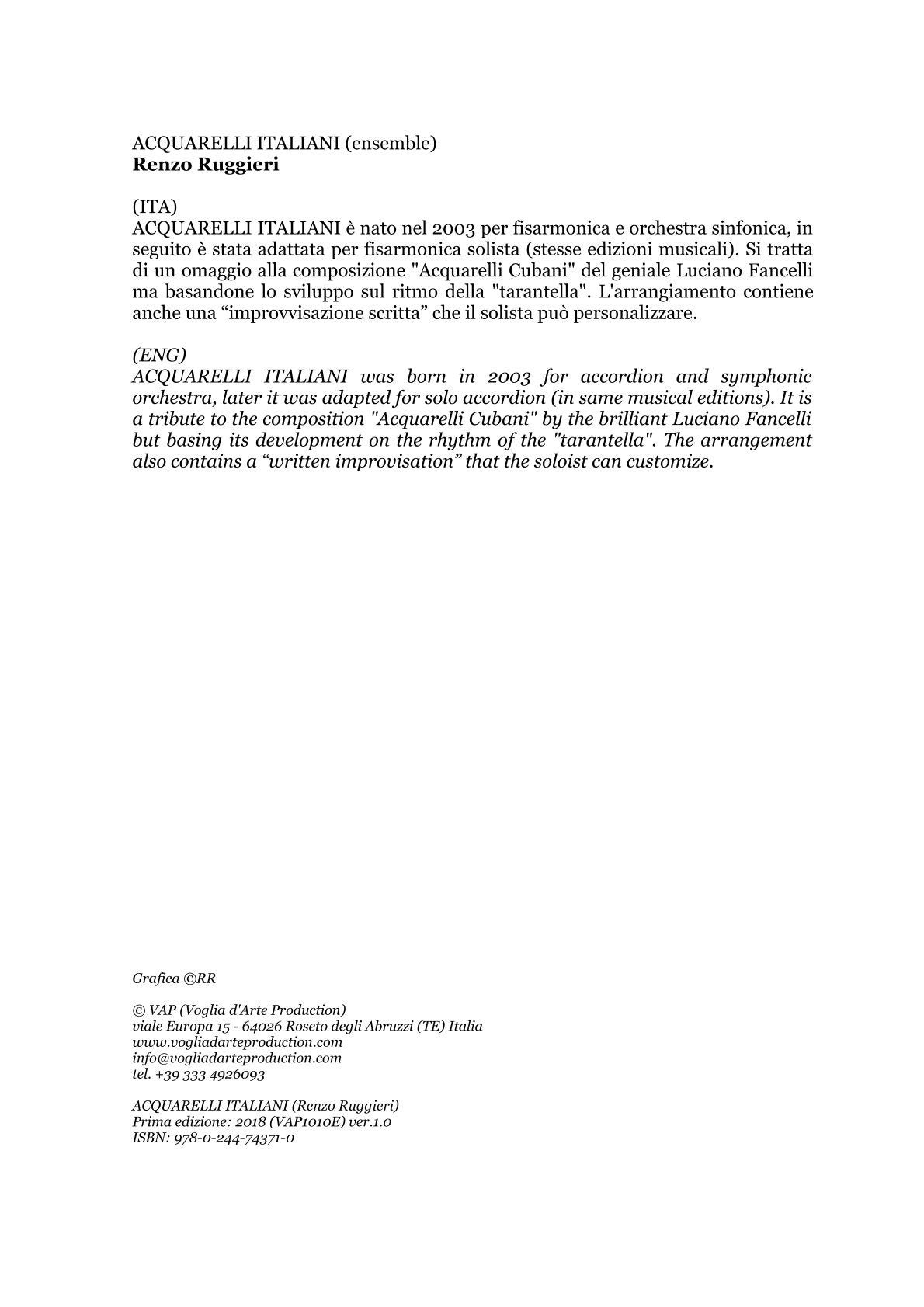 Renzo Ruggieri Acquarelli Italiani for Accordion and Orchestra ( full score &individual parts)