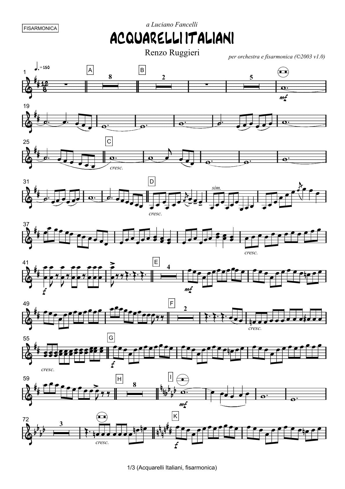 Renzo Ruggieri Acquarelli Italiani for Accordion and Orchestra ( full score &individual parts)