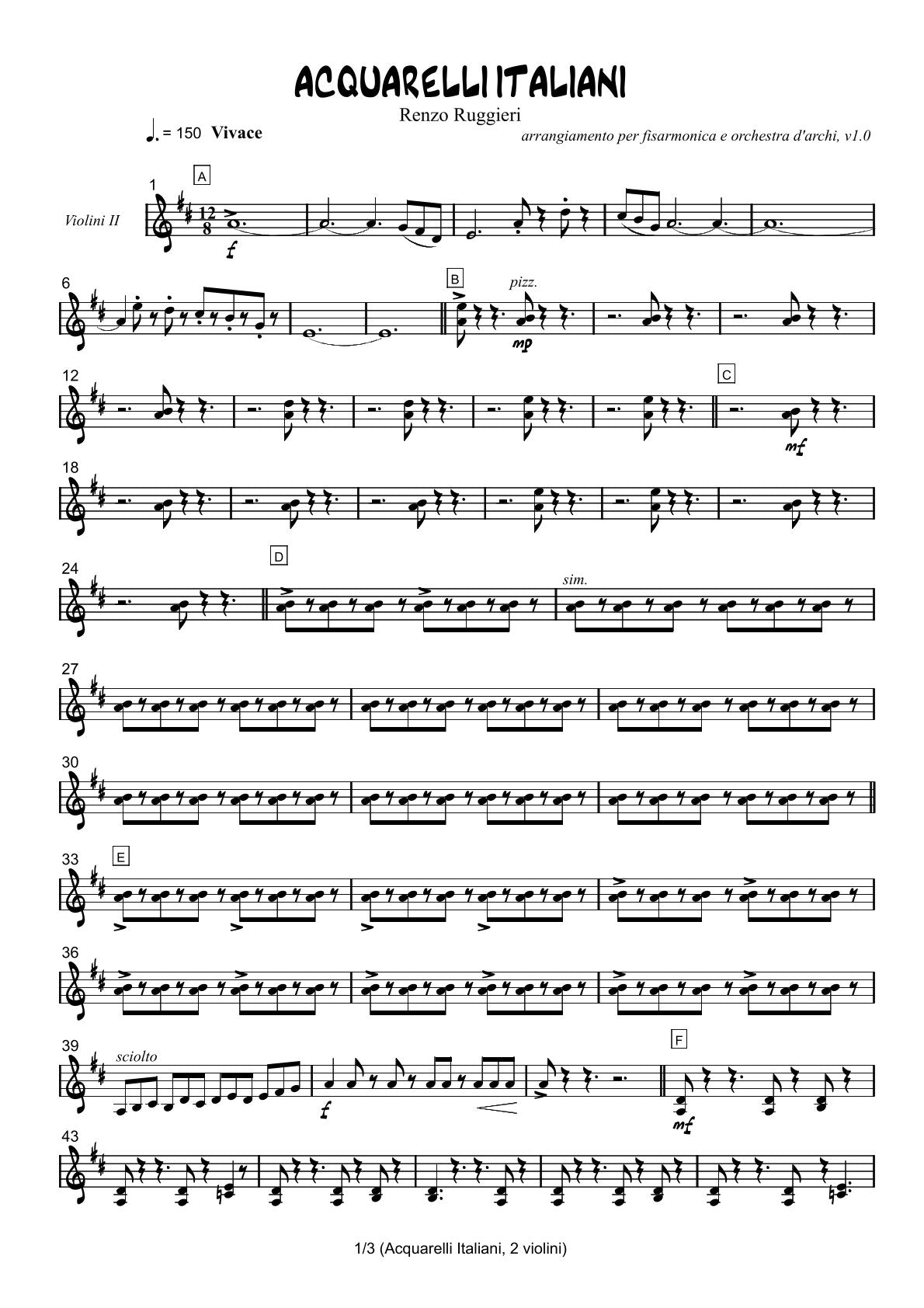 Renzo Ruggieri Acquarelli Italiani for Accordion and Orchestra ( full score &individual parts)