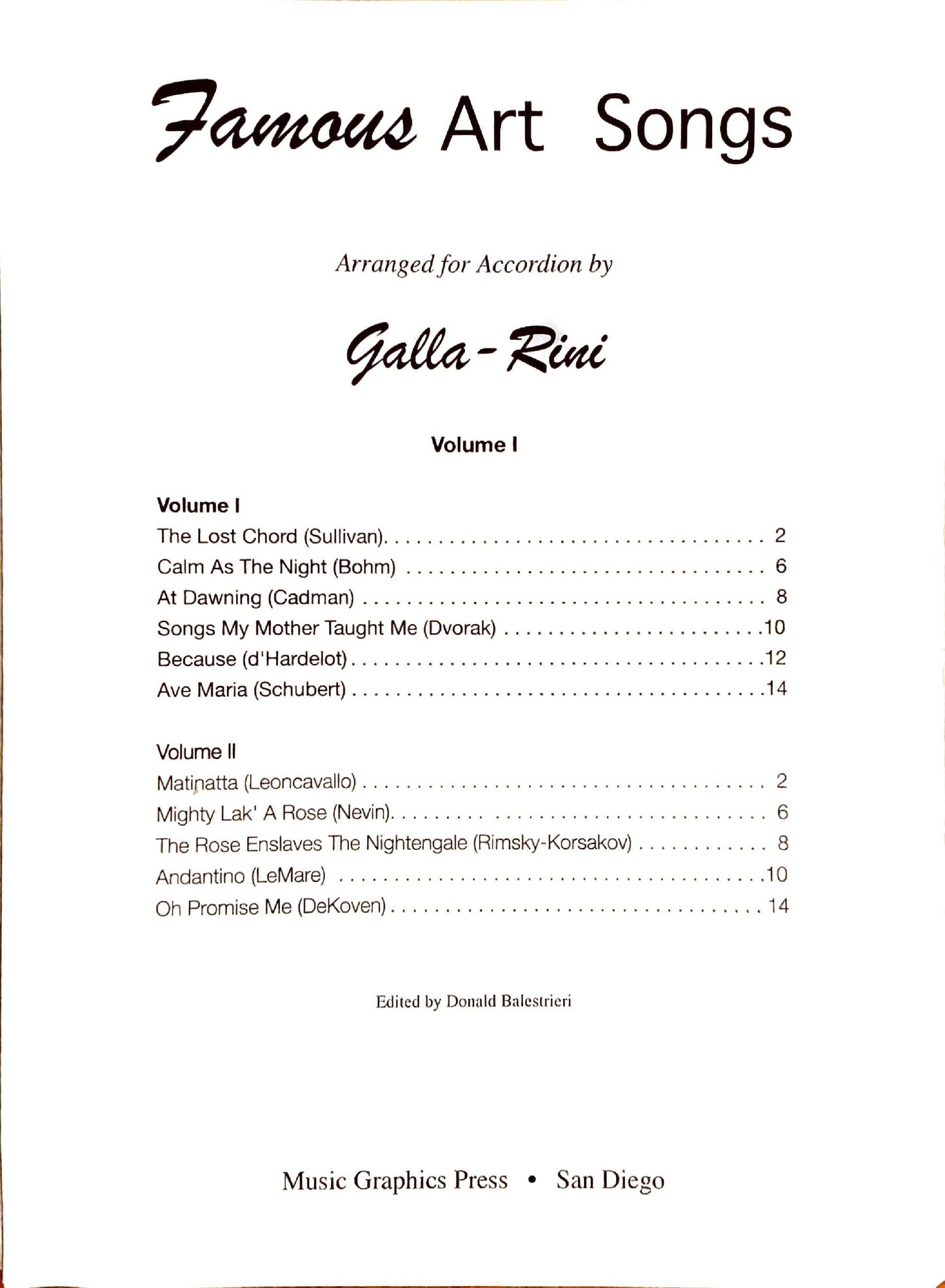 Famous Art Songs eBook Vol.1 accordion arrangements by Anthony Galla-Rini