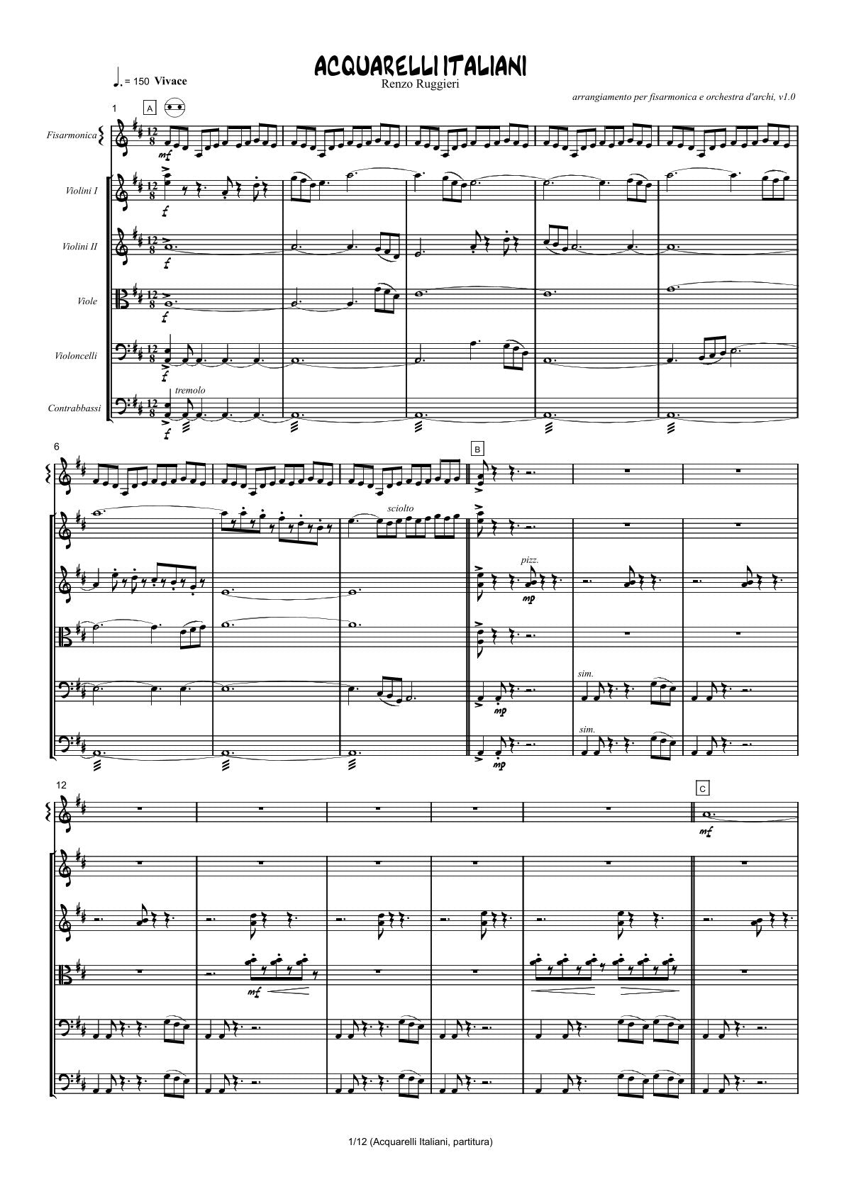 Renzo Ruggieri Acquarelli Italiani for Accordion and Orchestra ( full score &individual parts)