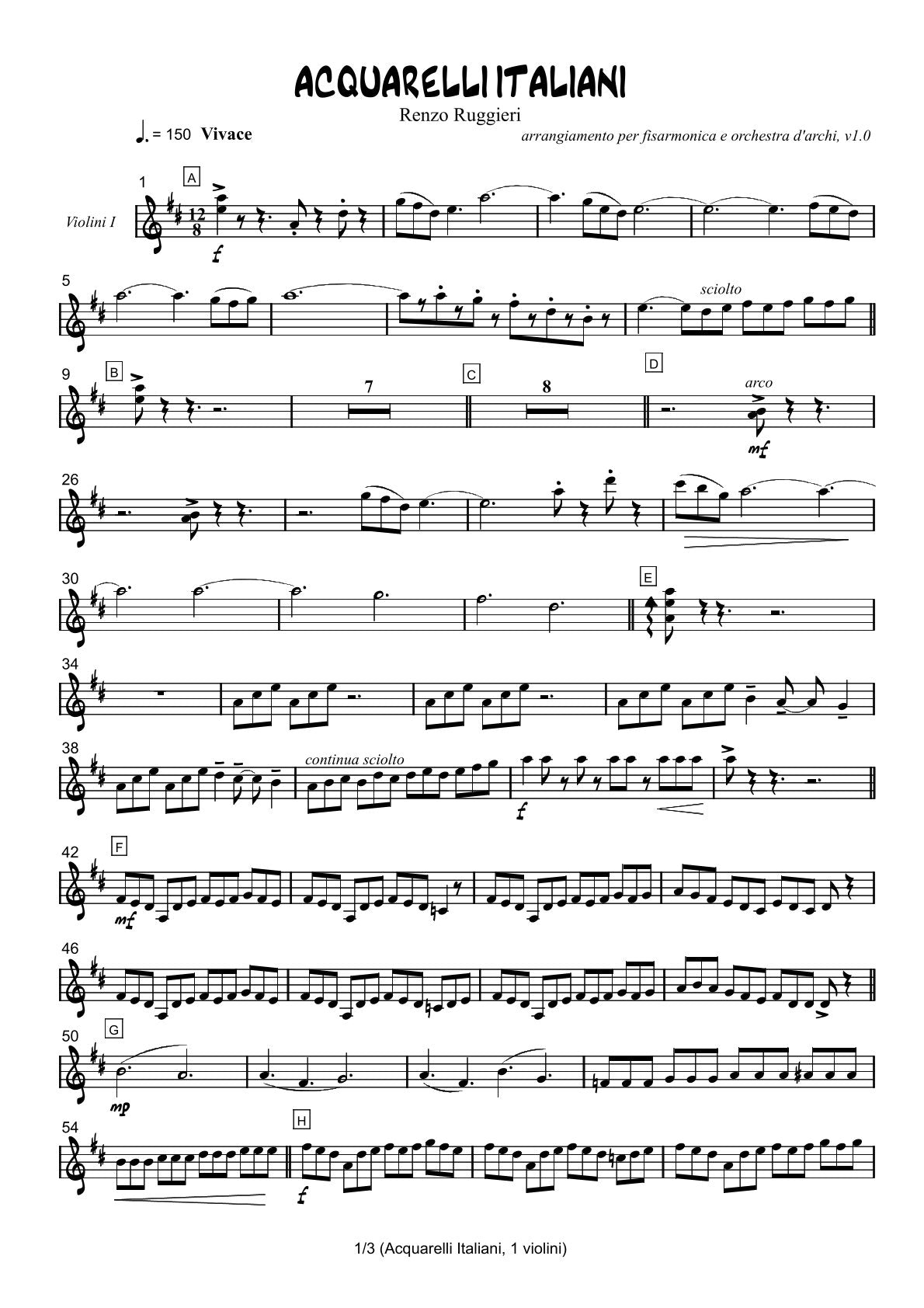 Renzo Ruggieri Acquarelli Italiani for Accordion and Orchestra ( full score &individual parts)