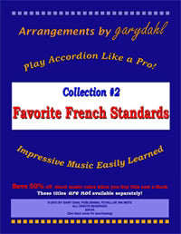 Sheet music cover for 'Favorite French Standards' with text about accordion arrangements.