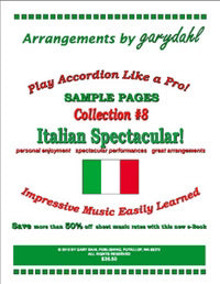 Accompaniment book cover with Italian flag and text about Italian Spectacular accordion arrangements
